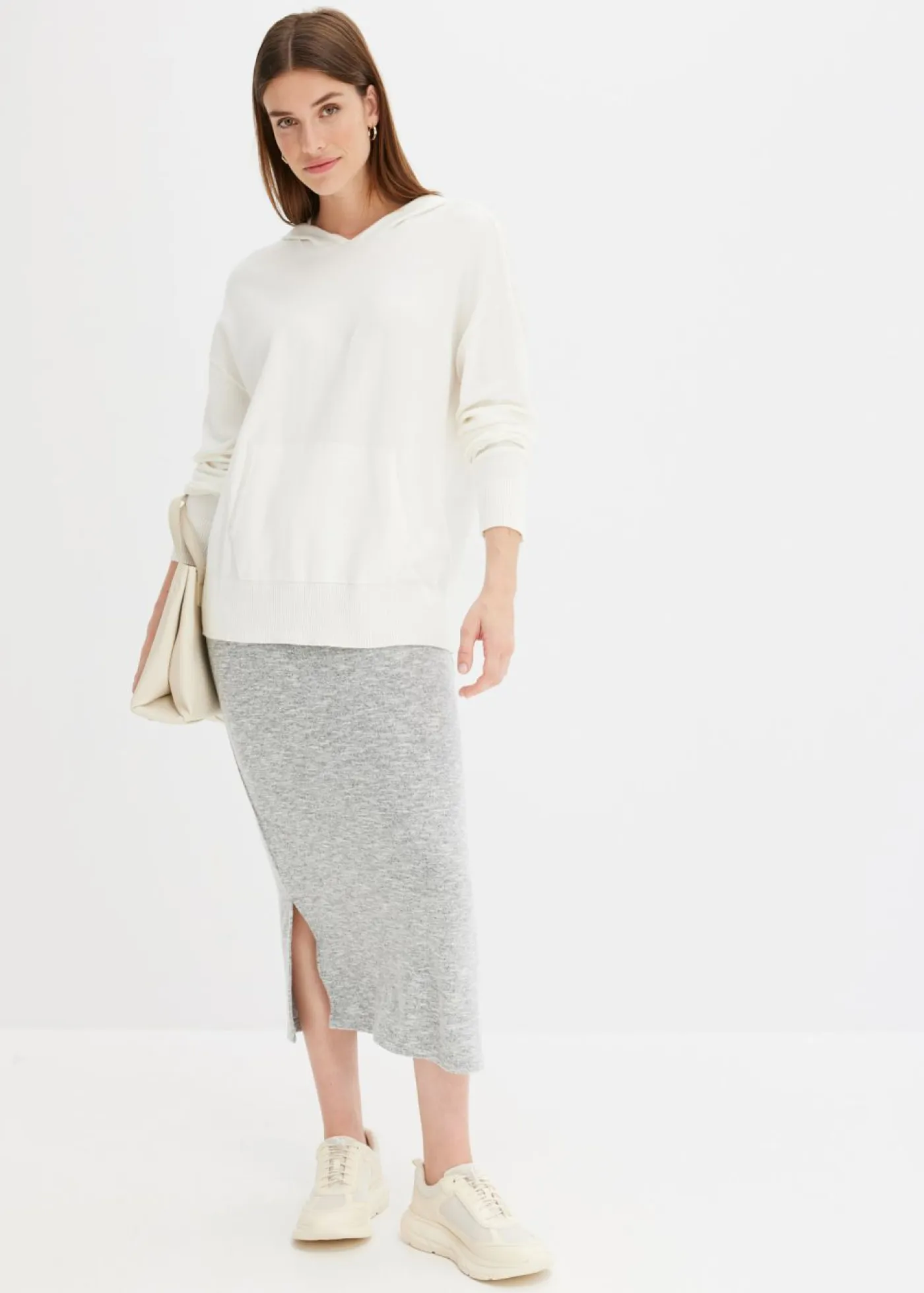 bonprix bonprix Jerséis|Ropa De Punto>Sudadera con capucha de punto y bolsillo canguro en mezcla de viscosa Blanco lana