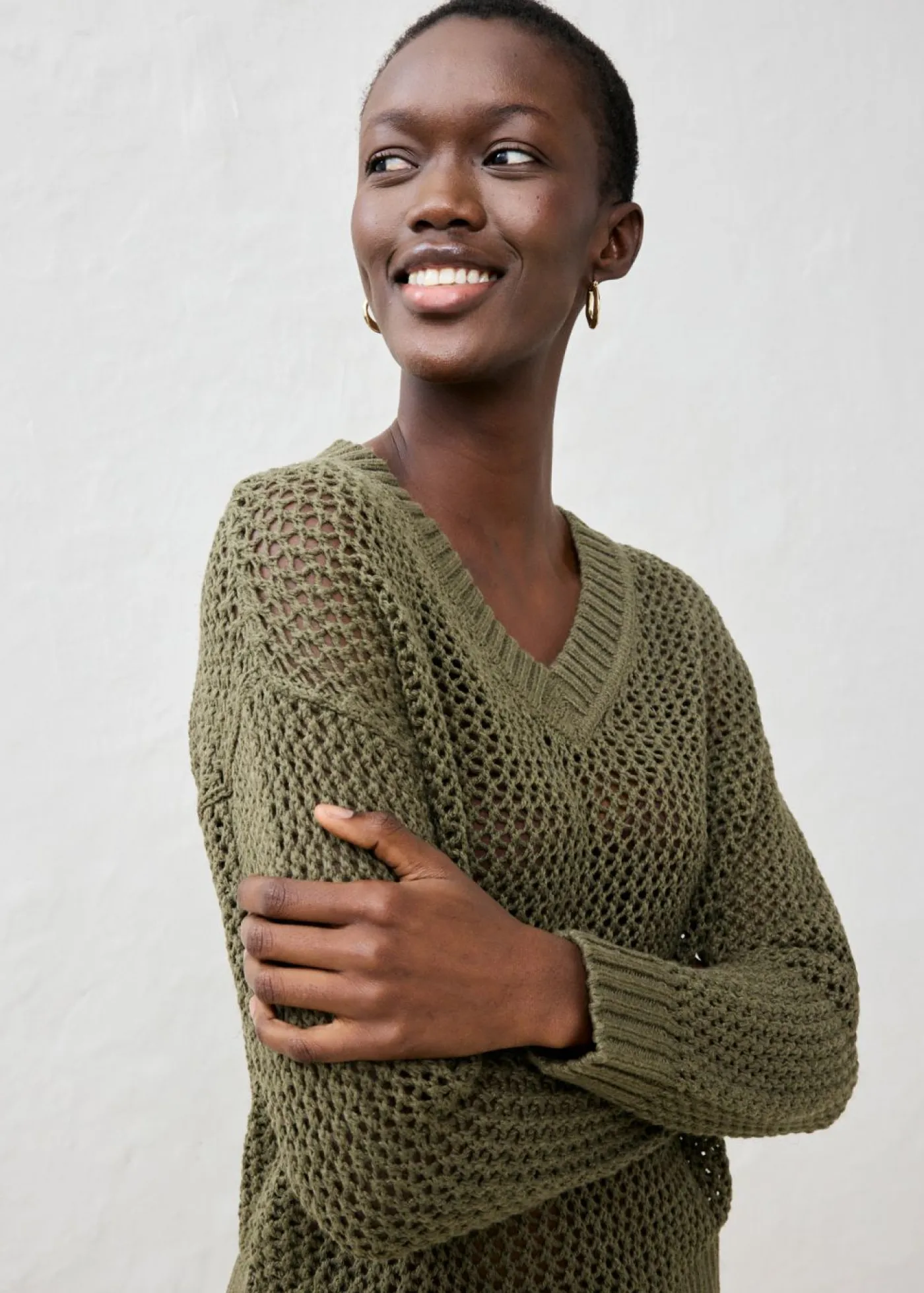 bonprix bonprix Premium|Jerséis>Sudadera de ajour de mezcla de lino ligero Verde oliva oscuro