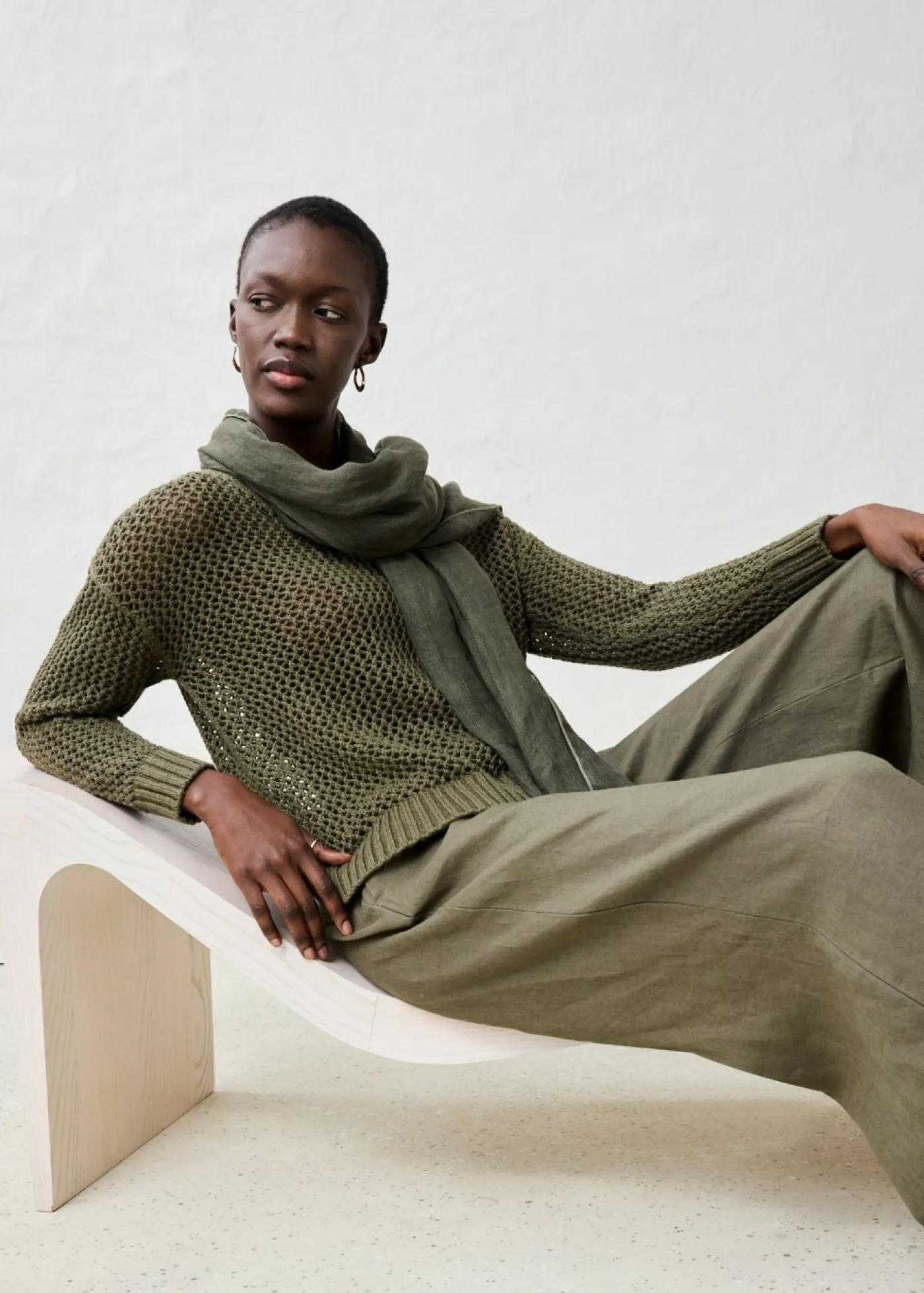 bonprix bonprix Premium|Jerséis>Sudadera de ajour de mezcla de lino ligero Verde oliva oscuro