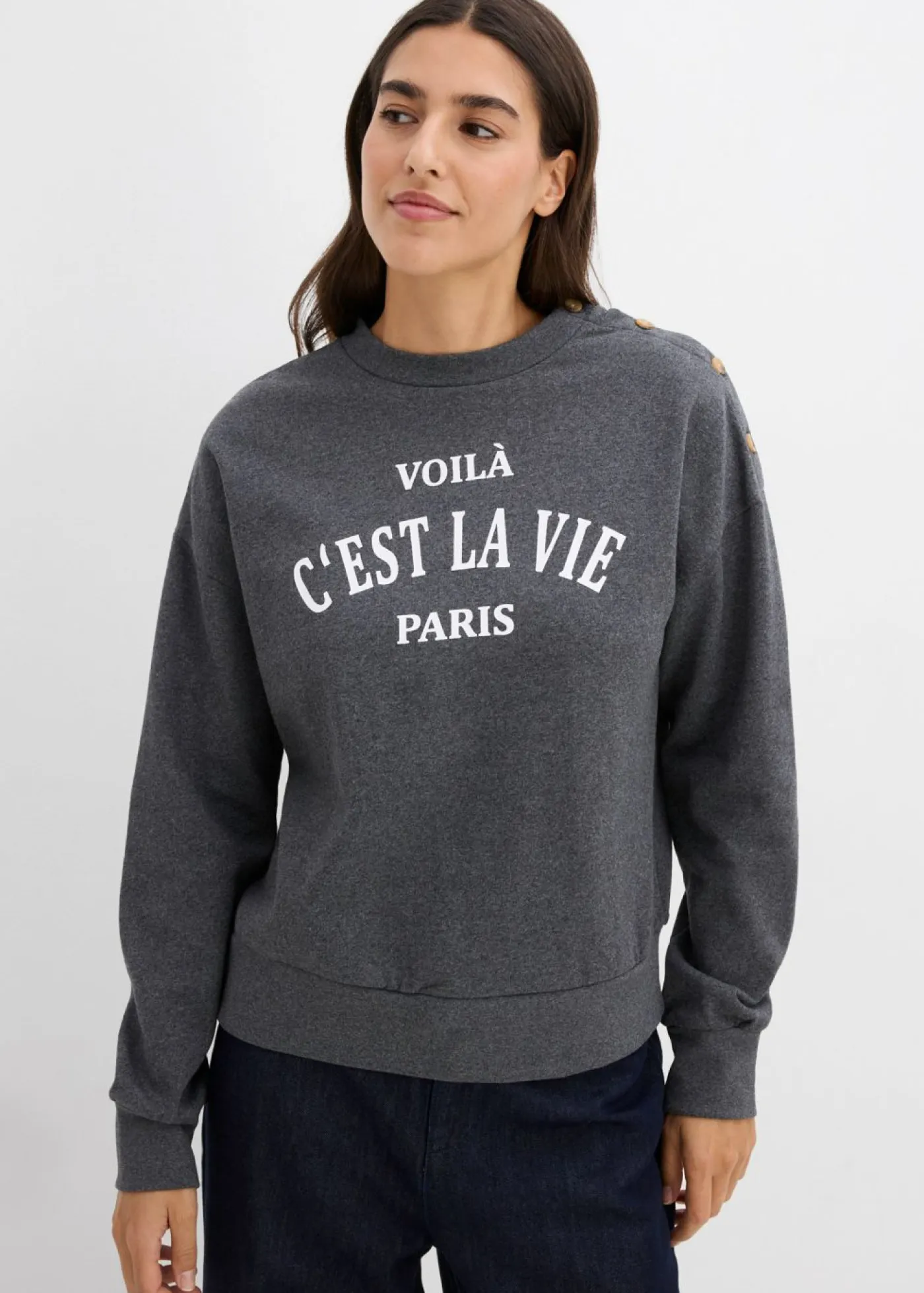 bonprix bonprix Ropa Cómoda|Novedades>Sudadera de mezcla de algodón Gris jaspeado-blanco