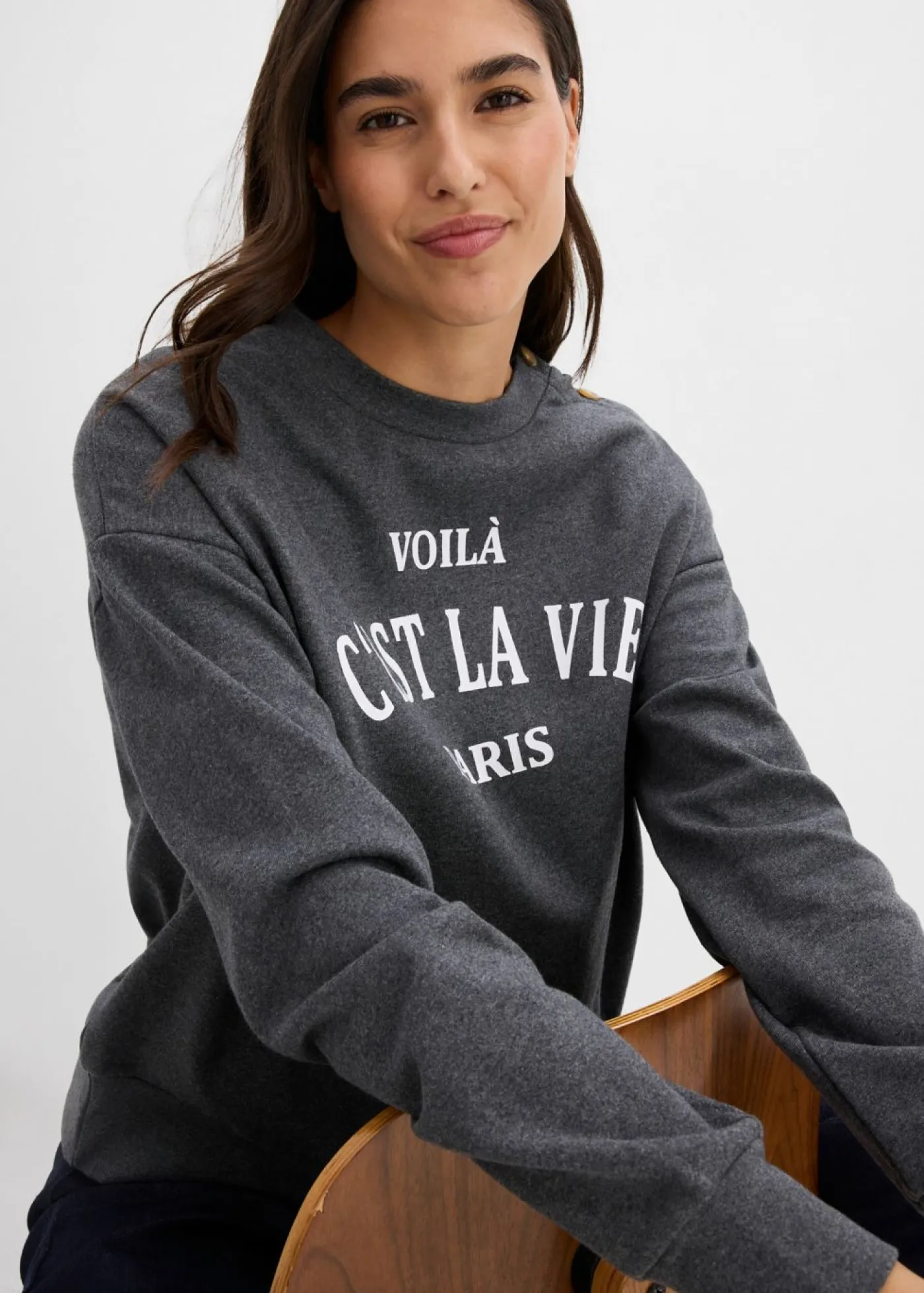 bonprix bonprix Ropa Cómoda|Novedades>Sudadera de mezcla de algodón Gris jaspeado-blanco