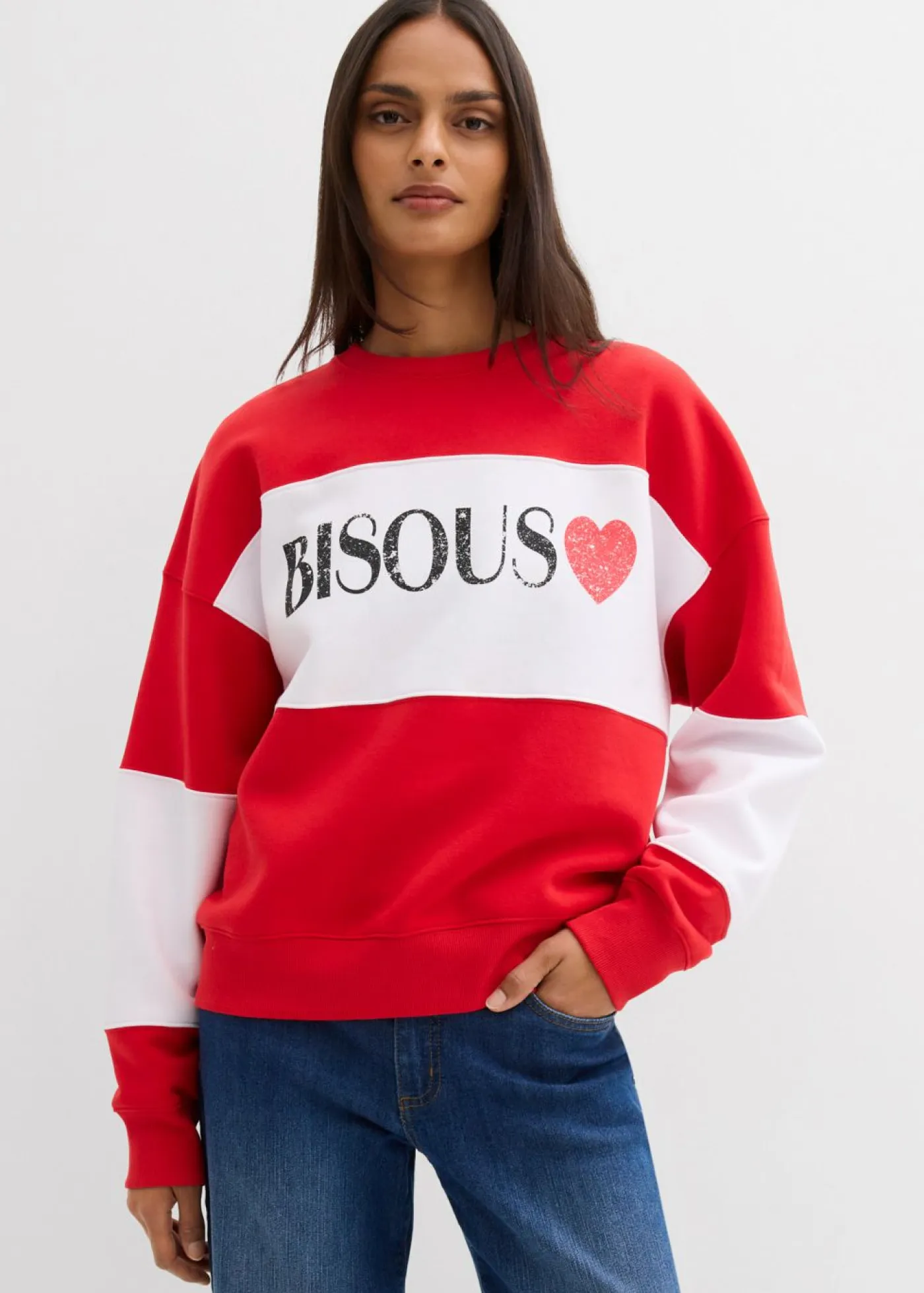 bonprix bonprix Ropa Cómoda>Sudadera oversize en suave mezcla de algodón fresa/blanco