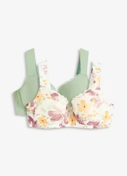 bonprix bonprix Ropa Interior De Algodón|Sujetadores De Copa E A H>Sujetador con aros y algodón orgánico (2 unidades) verde pastel-blanco lana con flores