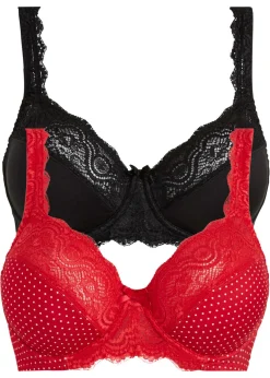 bonprix bonprix Sujetadores>Sujetador con aros y encaje delicado (2 unidades) Rojo intenso/blanco de lunares + negro