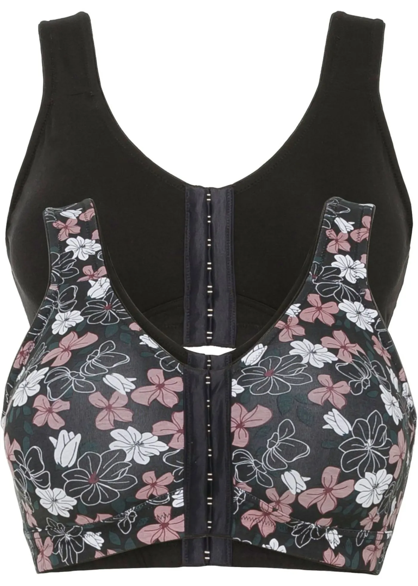 bonprix bonprix Ropa Interior De Algodón|Sujetadores De Copa E A H>Sujetador de cierre frontal, sin aros, con algodón (2 unidades) Negro estampado + negro