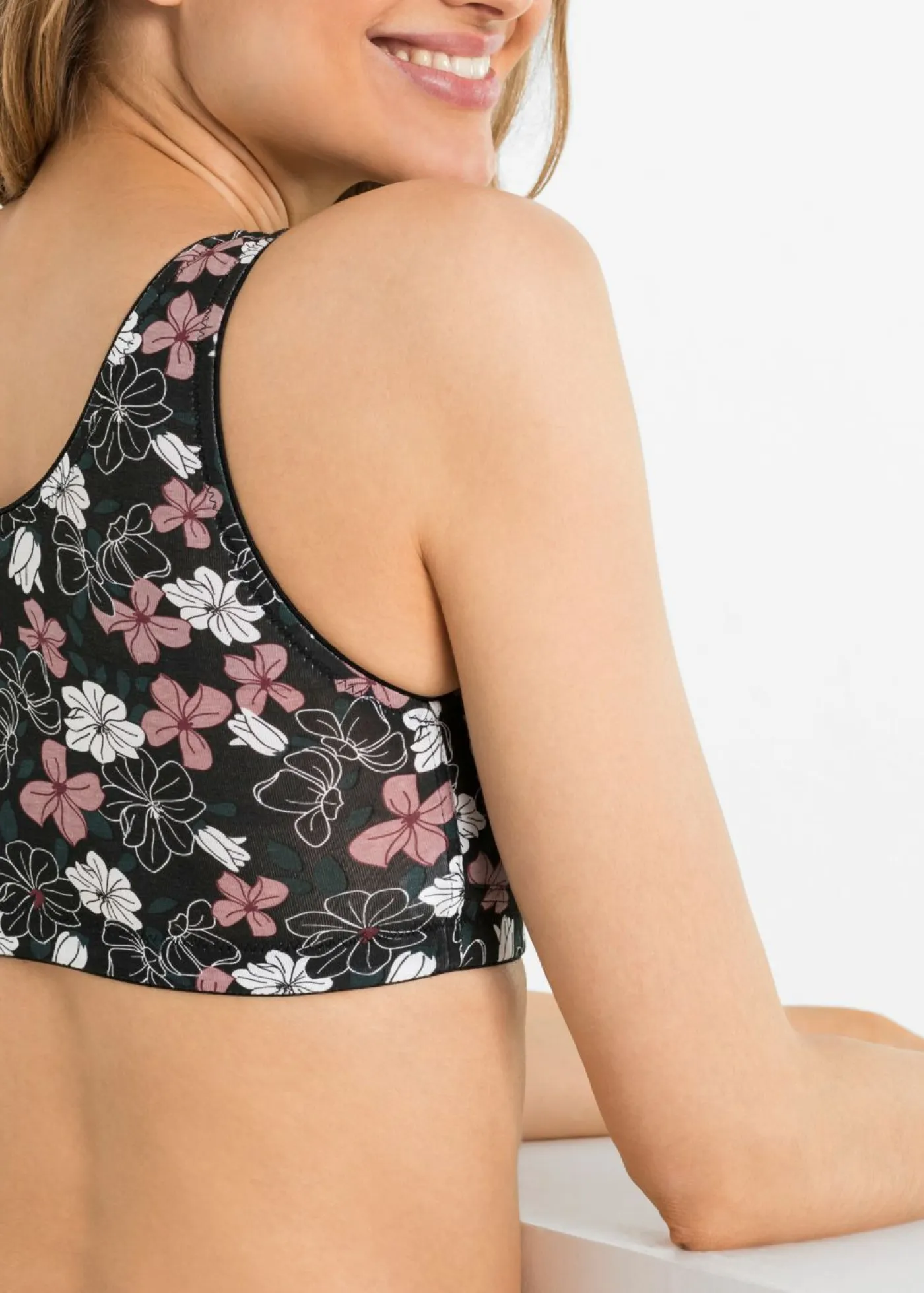 bonprix bonprix Ropa Interior De Algodón|Sujetadores De Copa E A H>Sujetador de cierre frontal, sin aros, con algodón (2 unidades) Negro estampado + negro