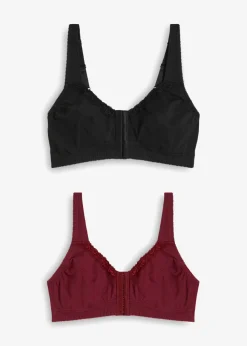 bonprix bonprix Ropa Interior De Algodón|Sujetadores De Copa E A H>Sujetador de cierre frontal, sin aros, con algodón (2 unidades) negro+rojo azalea