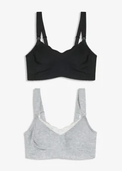 bonprix bonprix Sujetadores|Premamá Y Lactancia>Sujetador de lactancia sin aros con algodón orgánico y encaje (2 unidades) gris claro jaspeado-blanco-negro