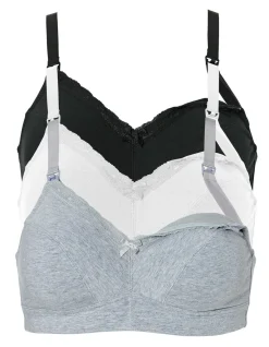 bonprix bonprix Sujetadores|Sujetadores De Copa E A H>Sujetador de lactancia sin aros (3 unidades) con algodón orgánico Negro + blanco + gris jaspeado