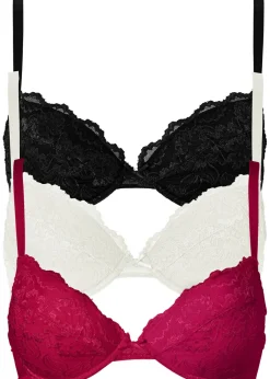 bonprix bonprix Sujetadores De Copa E A H|Sujetadores>Sujetador push-up con encaje fino (3 unidades) fucsia - crema suave - negro