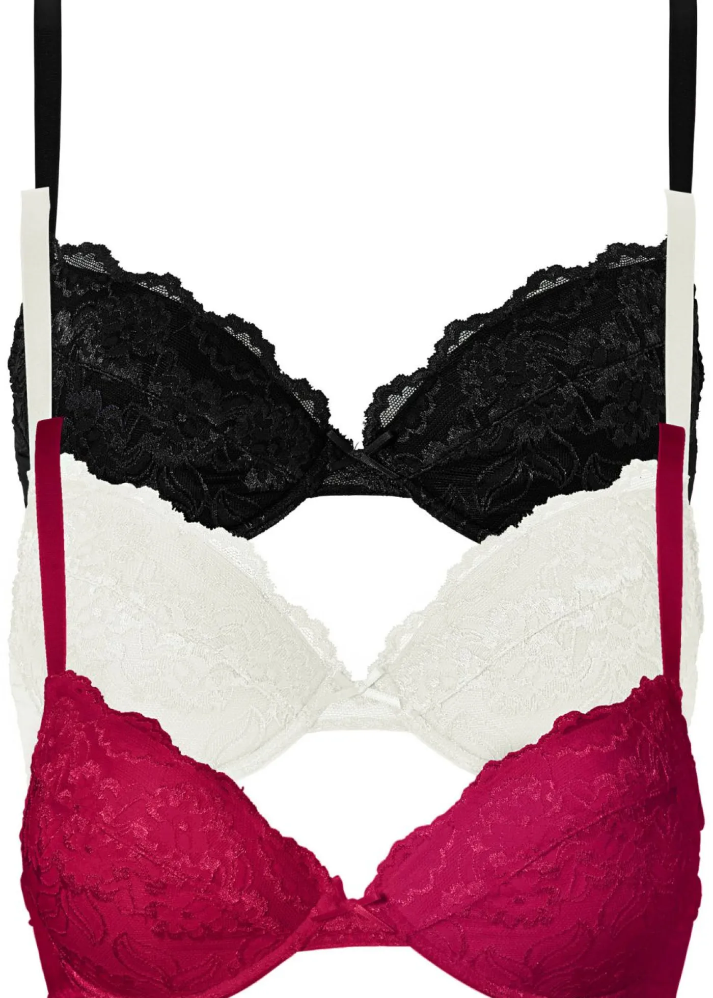 bonprix bonprix Sujetadores De Copa E A H|Sujetadores>Sujetador push-up con encaje fino (3 unidades) fucsia - crema suave - negro