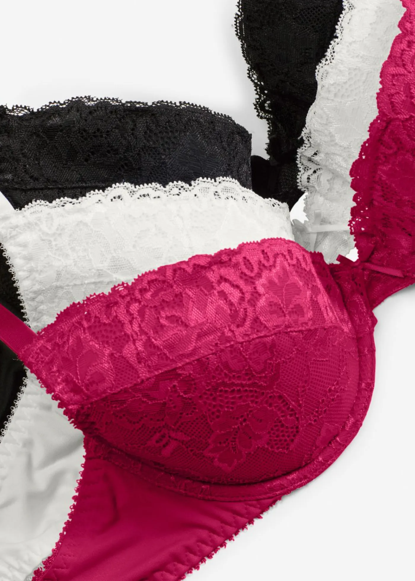 bonprix bonprix Sujetadores De Copa E A H|Sujetadores>Sujetador push-up con encaje fino (3 unidades) fucsia - crema suave - negro