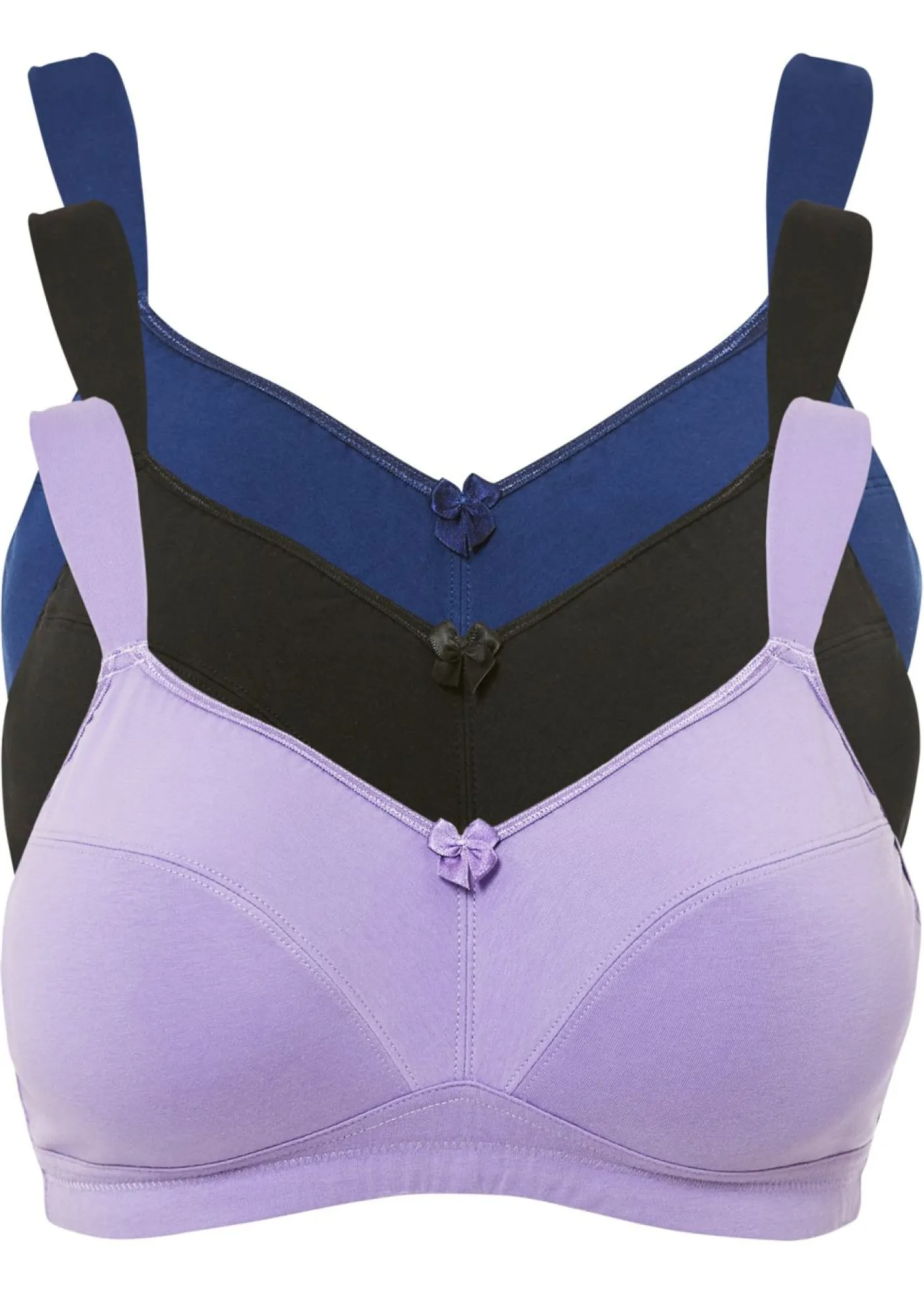 bonprix bonprix Sujetadores|Básicos>Sujetador sin aros de algodón (3 unidades) Lila claro + negro + azul noche