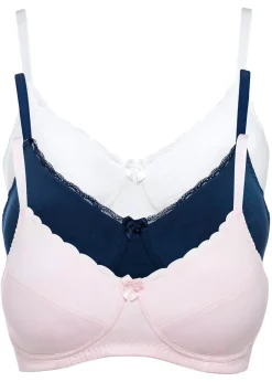 bonprix bonprix Básicos>Sujetador sin aros de algodón (3 unidades) Rosa claro + azul oscuro + crudo