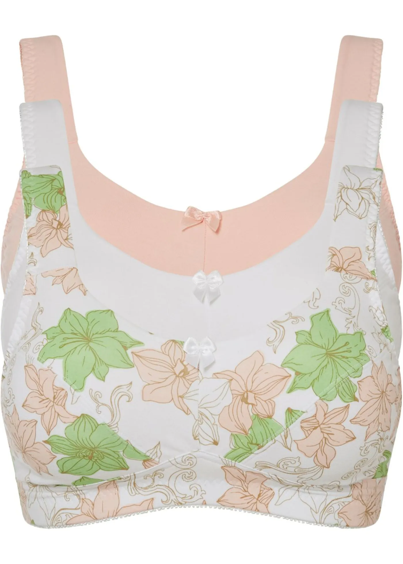 bonprix bonprix Ropa Interior De Algodón>Sujetador sin aros de algodón (3 unidades) Blanco de flores + Rosa claro + Blanco