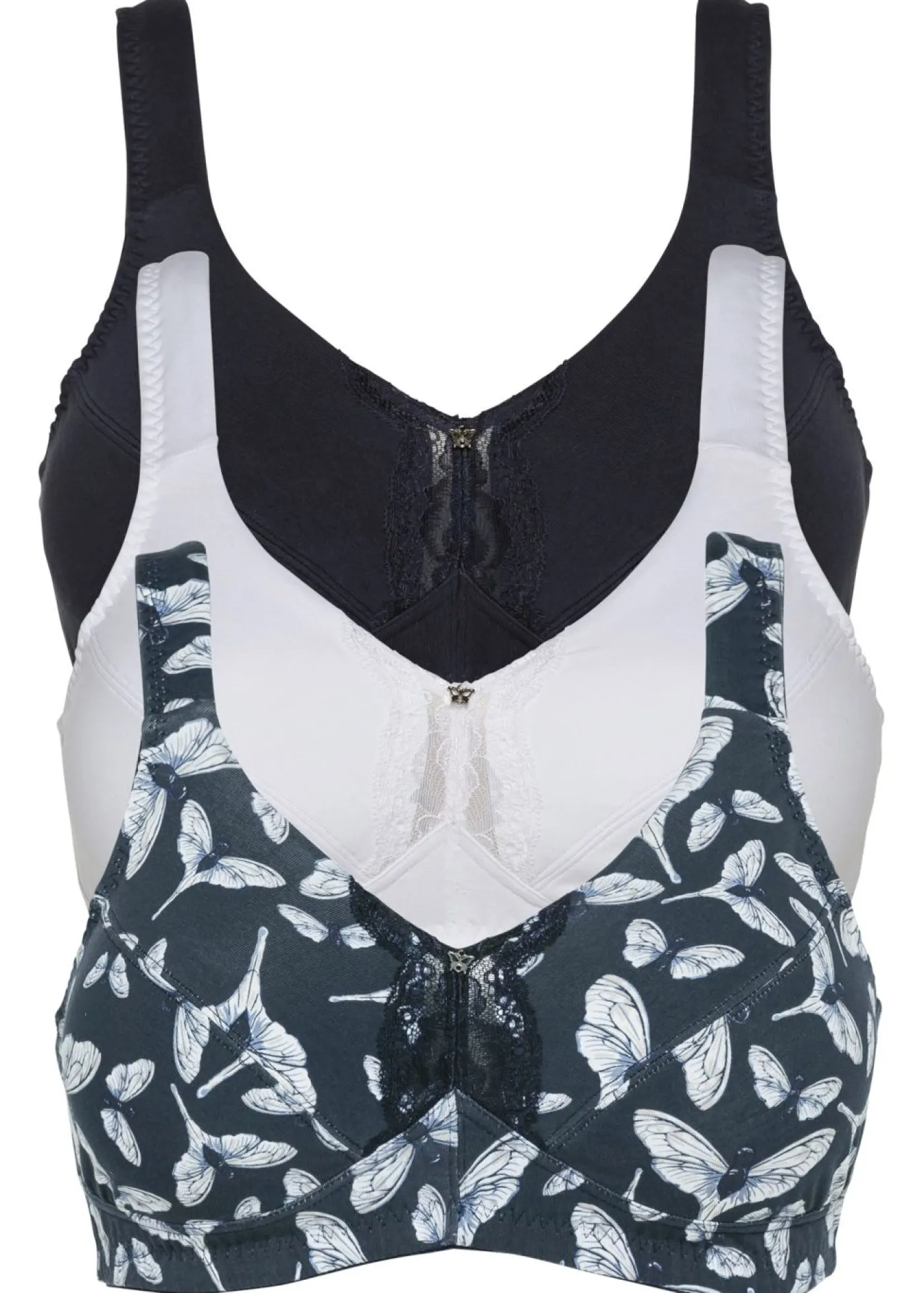 bonprix bonprix Sujetadores|Ropa Interior De Algodón>Sujetador sin aros de algodón orgánico (3 unidades) Azul oscuro estampado + azul oscuro + blanco