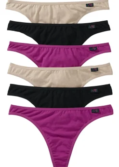 bonprix bonprix Ropa Interior De Algodón|Básicos>Tanga con algodón orgánico (6 unidades) Violeta/beige tiza/negro