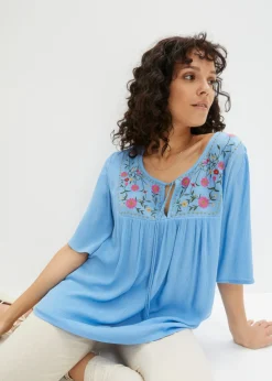 bonprix bonprix Camisas Y Blusas>Túnica arrugada de viscosa suave Azul brillante de flores