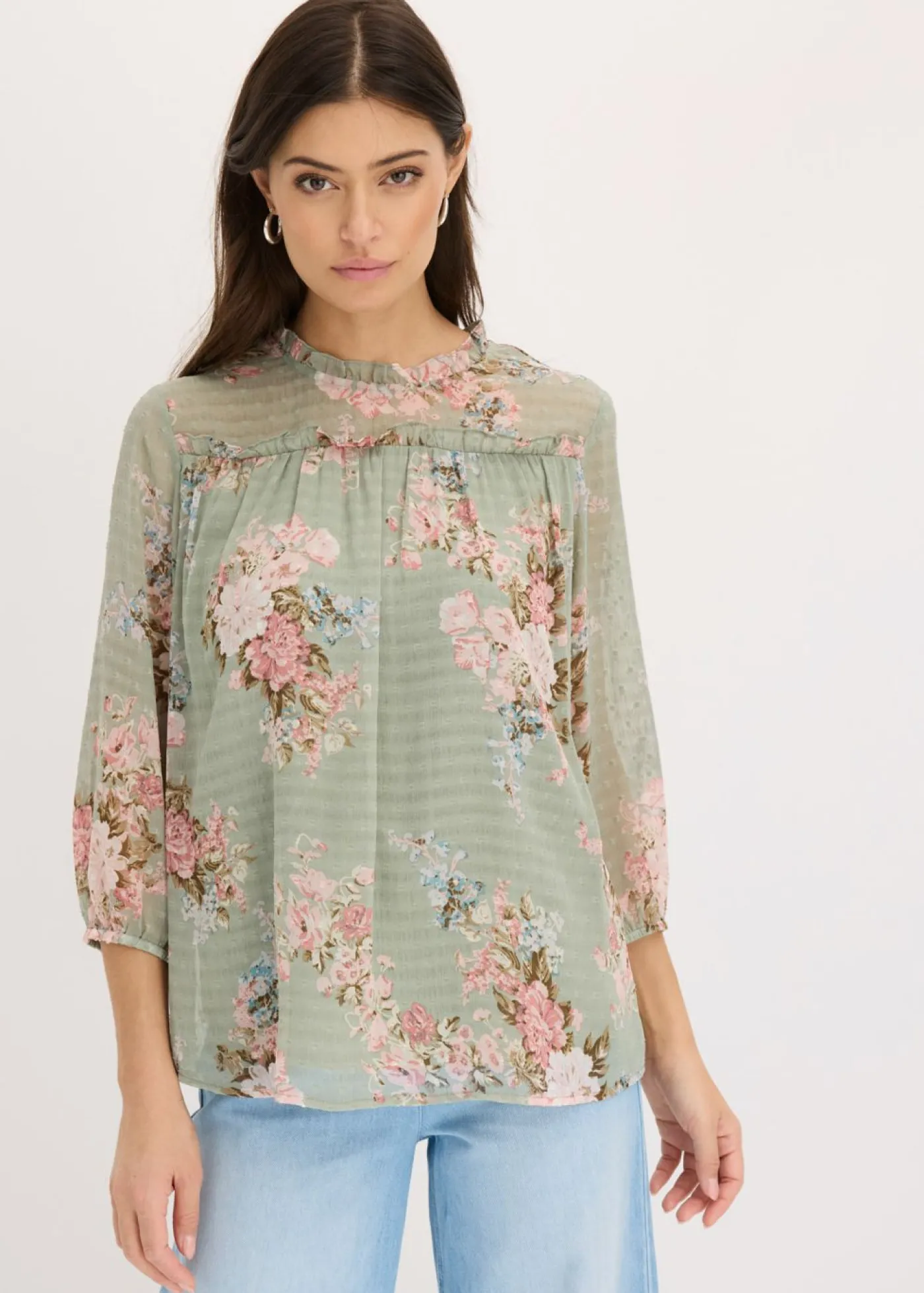 bonprix bonprix Camisas Y Blusas>Túnica de gasa estampada verde pastel con flores