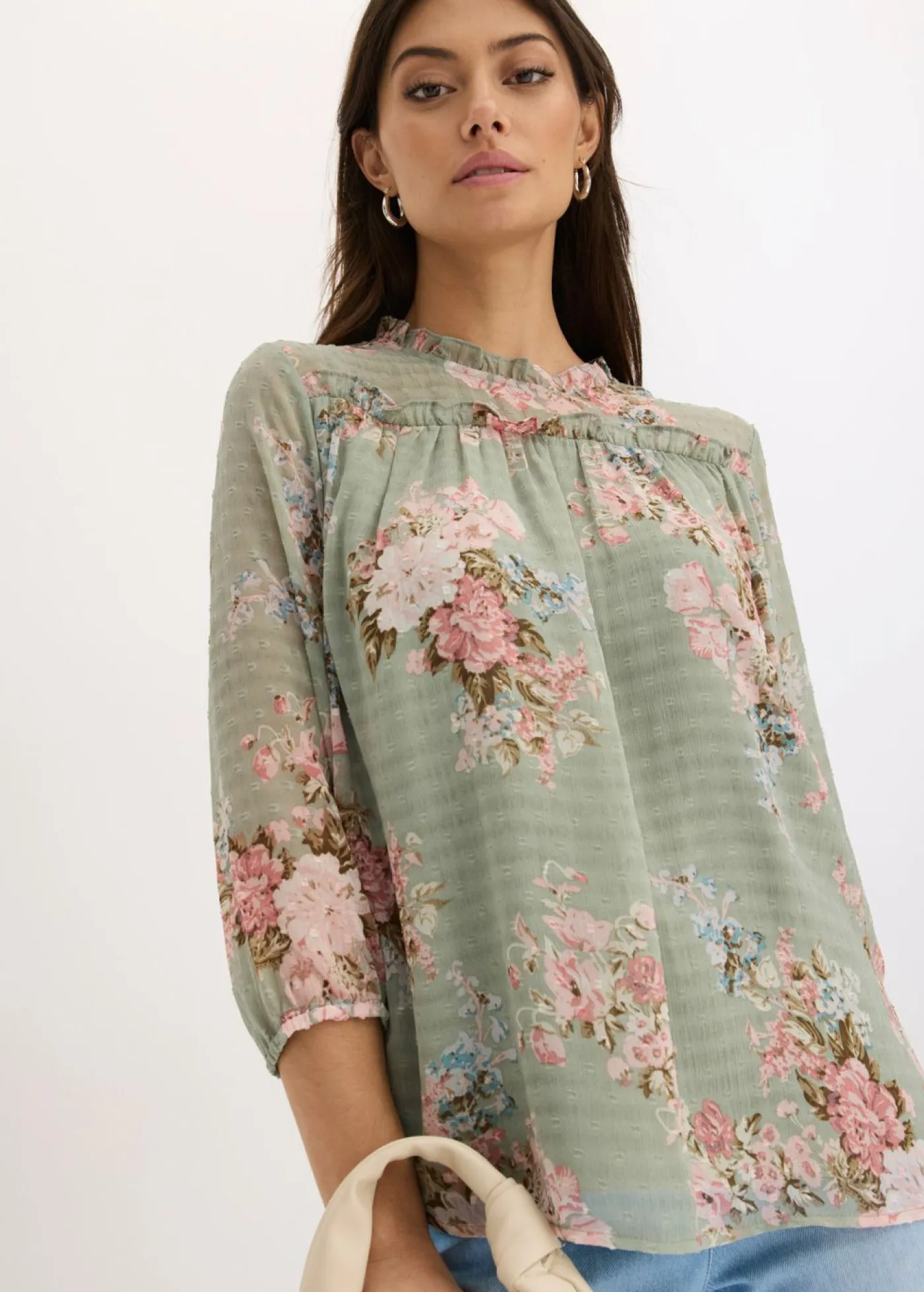 bonprix bonprix Camisas Y Blusas>Túnica de gasa estampada verde pastel con flores