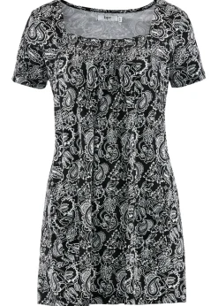 bonprix bonprix Camisetas>Túnica de manga corta Negro-blanco con estampado paisley