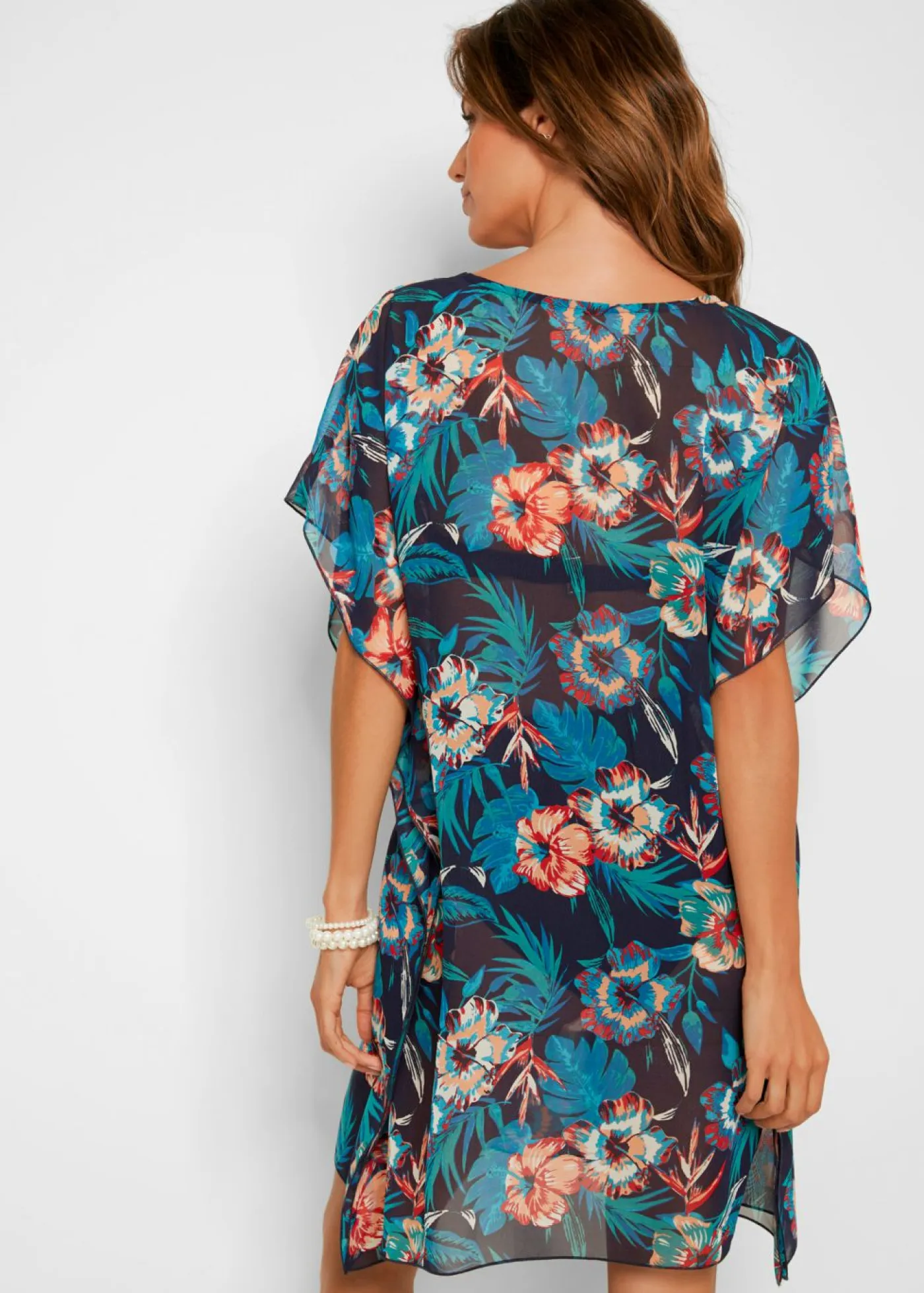 bonprix bonprix Ropa De Playa|Camisas Y Blusas>Túnica de playa larga de gasa ligera Azul oscuro-turquesa de flores