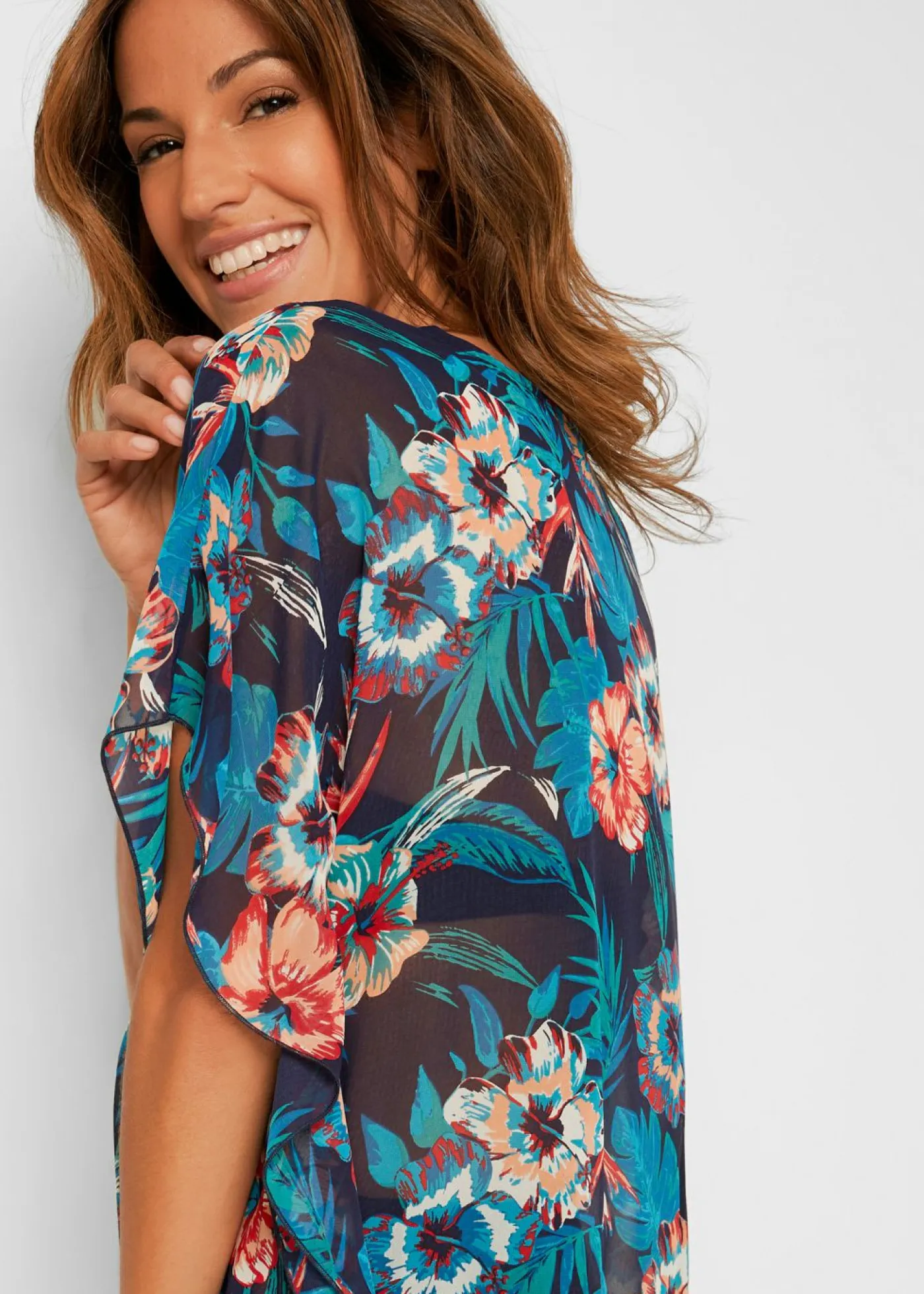 bonprix bonprix Ropa De Playa|Camisas Y Blusas>Túnica de playa larga de gasa ligera Azul oscuro-turquesa de flores