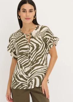 bonprix bonprix Camisas Y Blusas>Túnica holgada de viscosa Crudo/verde oliva oscuro con estampado de cebra