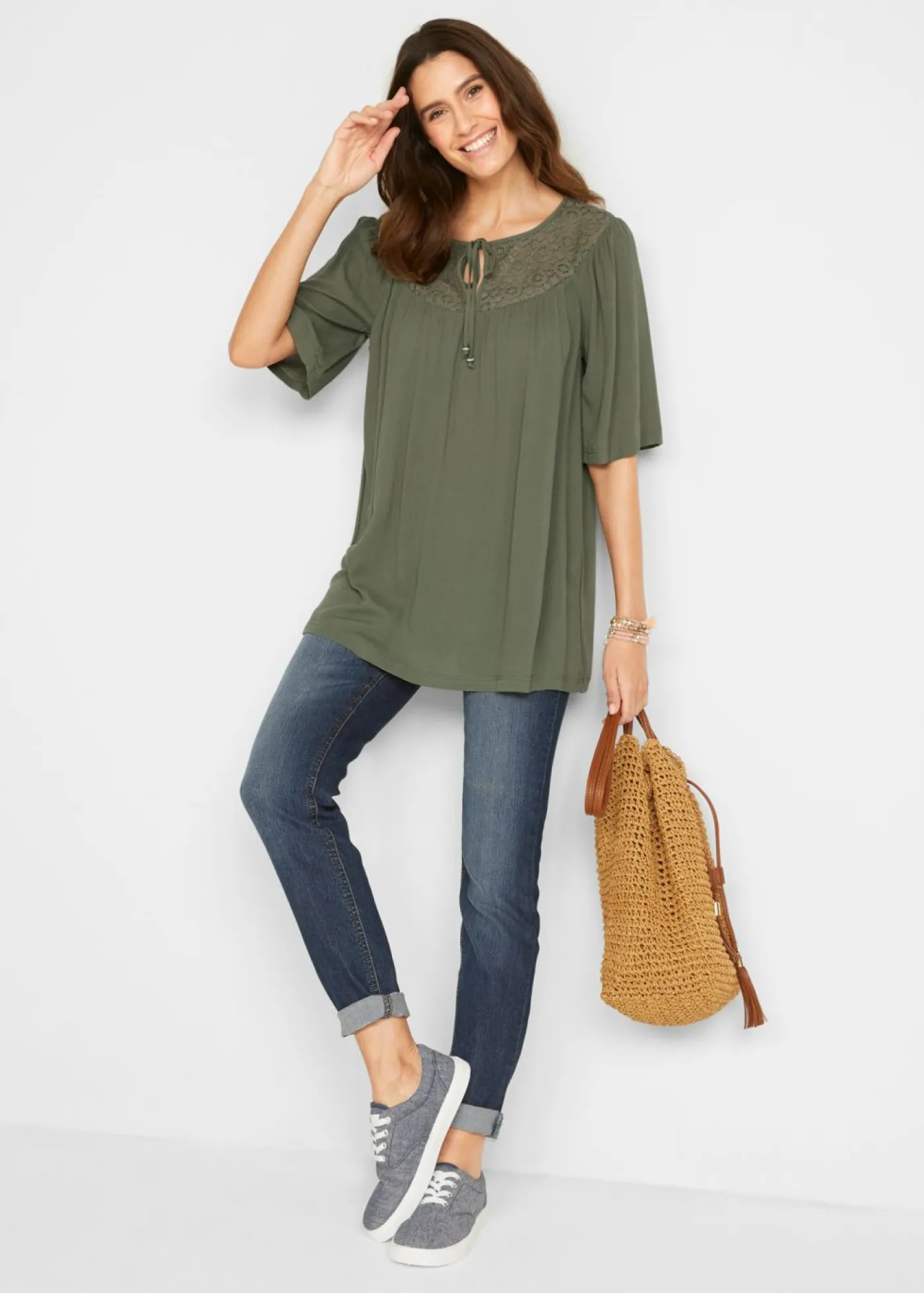 Mujer bonprix bonprix Túnica larga con efecto arrugado media manga