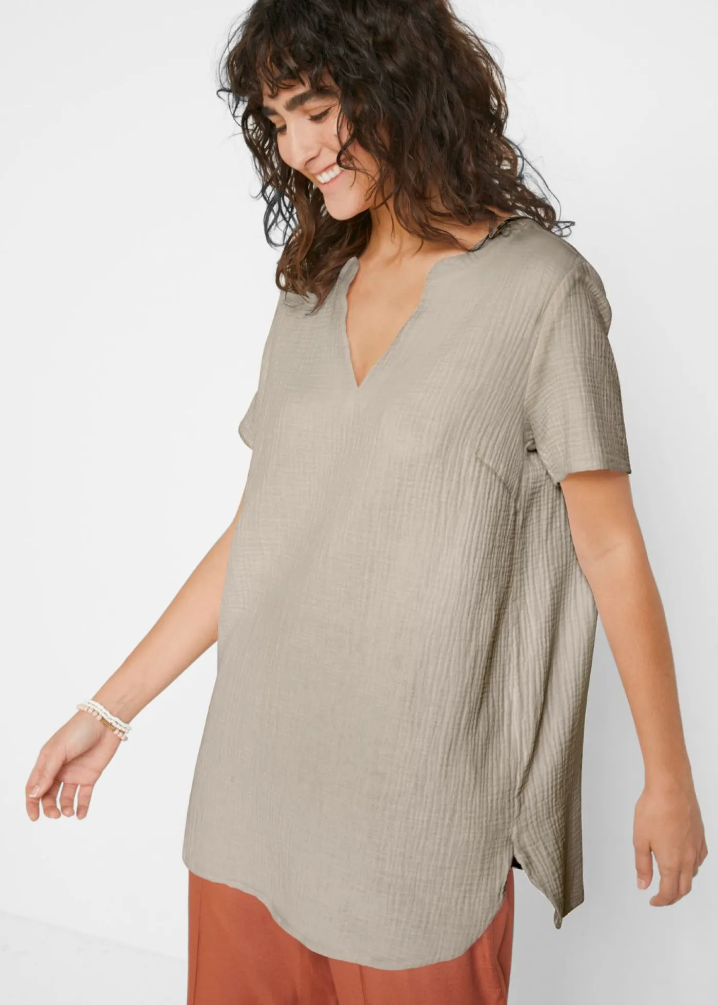 bonprix bonprix Camisas Y Blusas>Túnica larga de muselina de algodón puro gris piedra