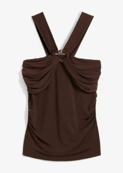 bonprix bonprix Camisetas>Top anudado al cuello con hebilla decorativa Marrón oscuro
