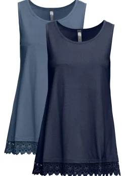 bonprix bonprix Camisetas>Top con encaje (2 unidades) Azul vaquero/azul oscuro