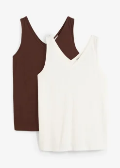 bonprix bonprix Camisetas Interiores|Básicos>Top de algodón orgánico puro (2 unidades) blanco lana/marrón tierra