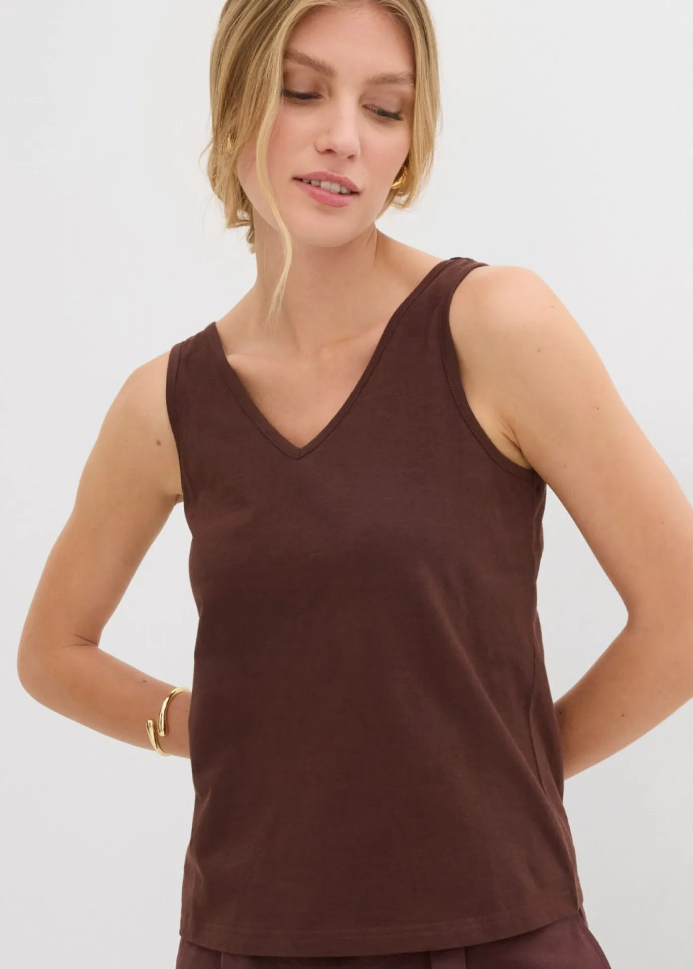 bonprix bonprix Camisetas Interiores|Básicos>Top de algodón orgánico puro (2 unidades) blanco lana/marrón tierra