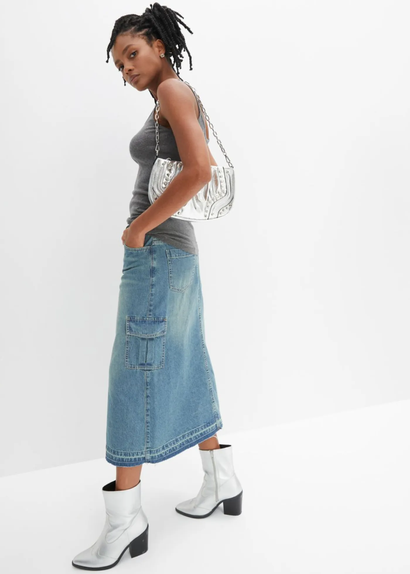 bonprix bonprix Camisetas Interiores|Básicos>Top de algodón puro con tirantes finos (2 unidades) negro-gris moteado