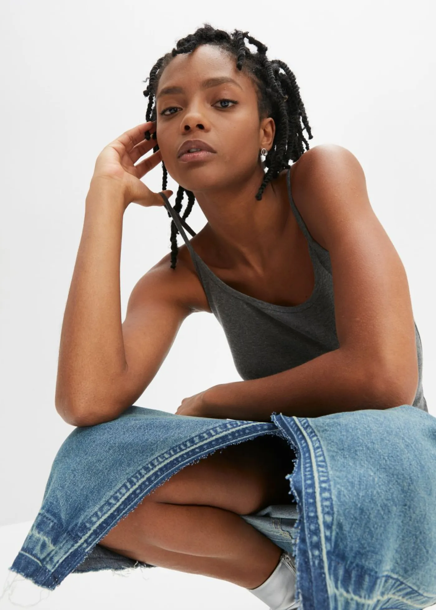 bonprix bonprix Camisetas Interiores|Básicos>Top de algodón puro con tirantes finos (2 unidades) negro-gris moteado