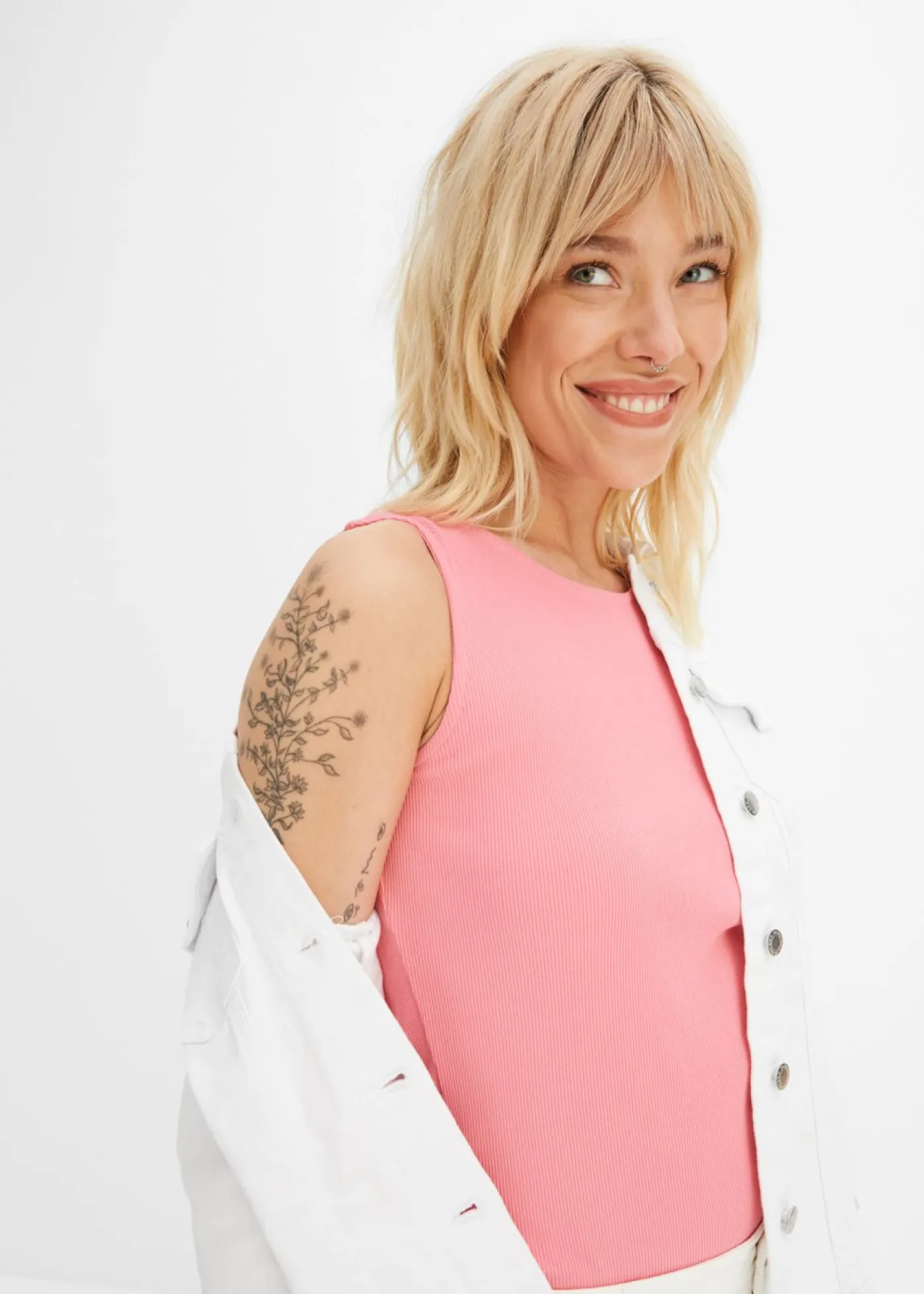 bonprix bonprix Básicos|Camisetas>Top de canalé de algodón orgánico puro (2 unidades) blanco+rosa brillante