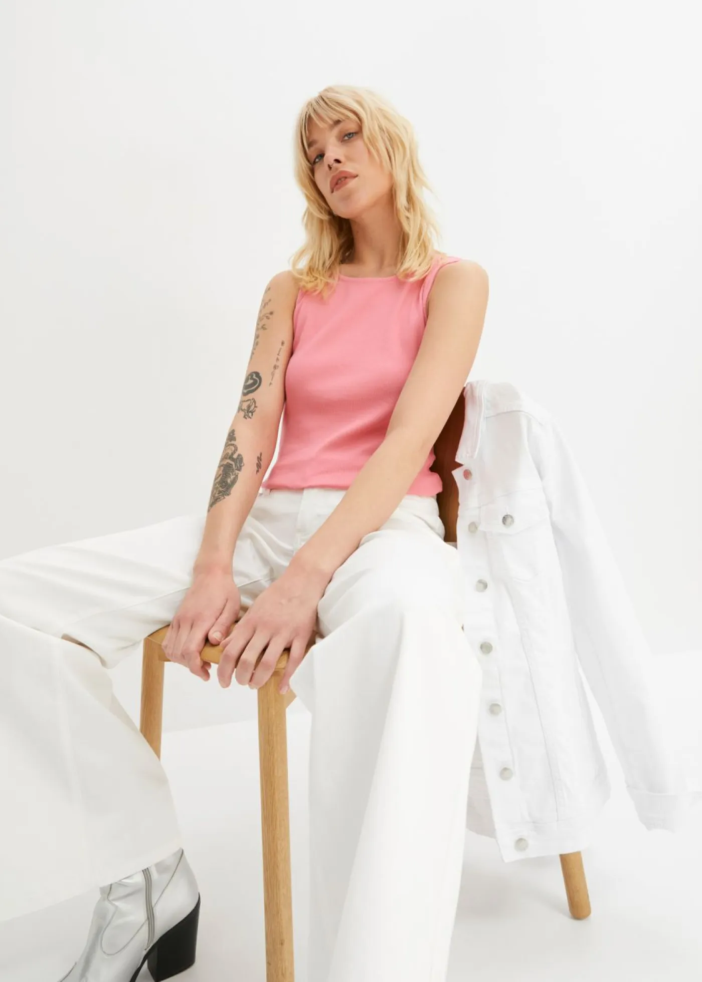 bonprix bonprix Básicos|Camisetas>Top de canalé de algodón orgánico puro (2 unidades) blanco+rosa brillante