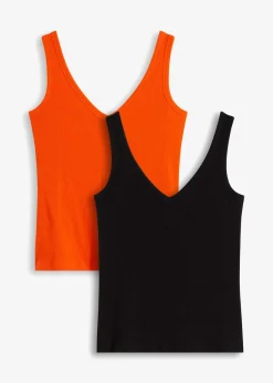 bonprix bonprix Camisetas>Top de canalé de algodón orgánico puro (2 unidades) naranja+negro
