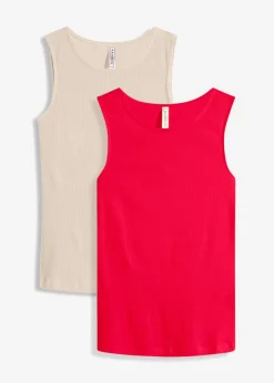 bonprix bonprix Básicos|Camisetas>Top de canalé de algodón orgánico puro (2 unidades) rojo intenso+gris guijarro