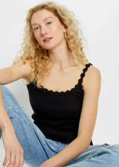 bonprix bonprix Camisetas>Top de canalé de algodón puro (2 unidades) Blanco crema-negro