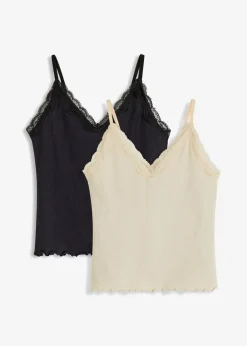 bonprix bonprix Camisetas>Top de canalé de mezcla de viscosa suave (2 unidades) Gris guijarro + negro