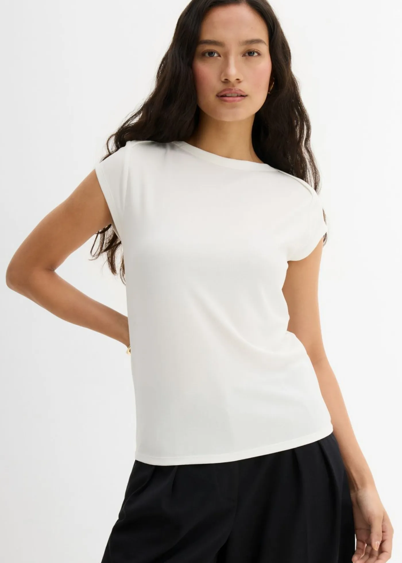 bonprix bonprix Esenciales|Camisetas>Top de canalé de mezcla suave de modal Blanco lana