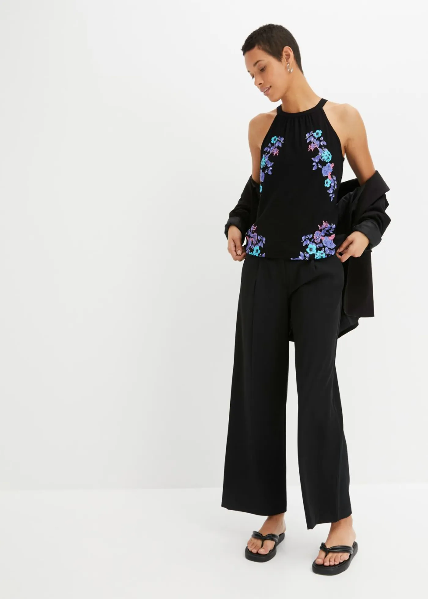 bonprix bonprix Camisetas>Top de mezcla de viscosa fluida Negro estampado