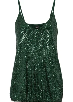 bonprix bonprix Camisetas>Top de mezcla de viscosa suave con tirantes finos y lentejuelas Verde oscuro