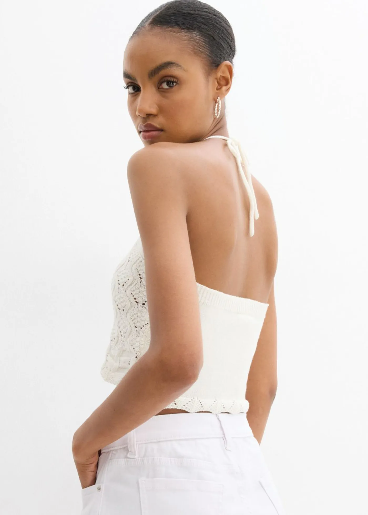 bonprix bonprix Camisetas|Ropa De Punto>Top de punto anudado al cuello Blanco lana