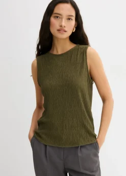 bonprix bonprix Esenciales|Camisetas>Top de tejido arrugado estructurado Verde oliva oscuro