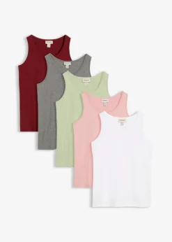 bonprix bonprix Camisetas Interiores|Básicos>Top largo de algodón orgánico puro (5 unidades) Verde pálido+rojo rubí+gris jaspeado+rosa ceniza+blanco