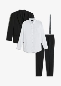 bonprix bonprix Trajes>Traje (4 piezas): americana, pantalón, camisa, corbata negro+blanco+plata