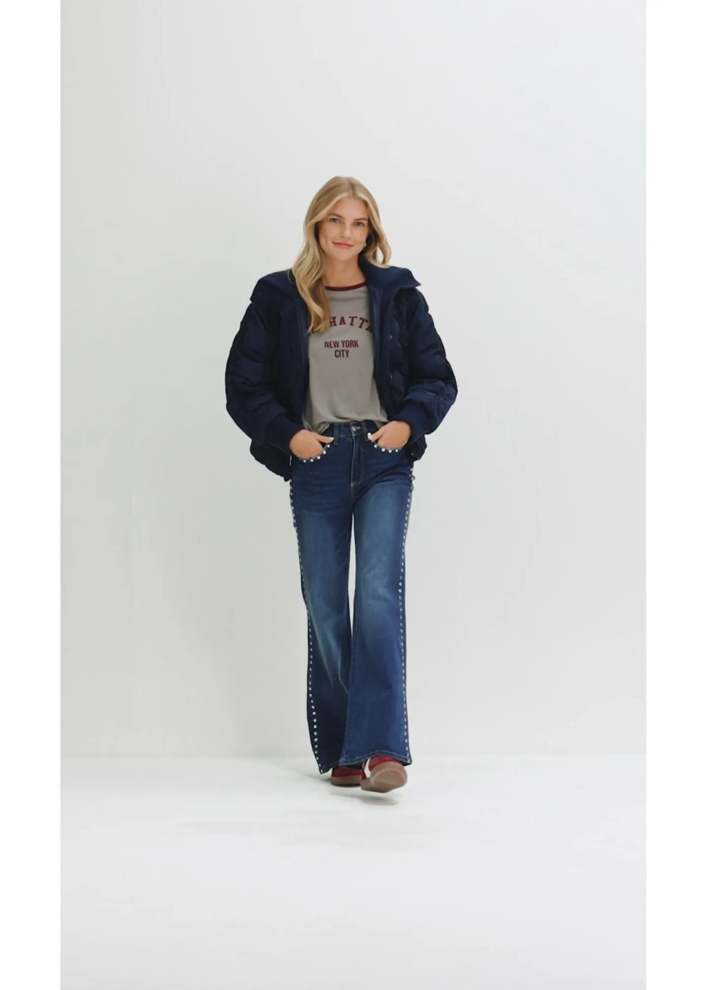 bonprix bonprix Vaqueros|Tallas Pequeñas>Vaqueros acampanados de talle alto con ribete de tachuelas Azul piedra usado